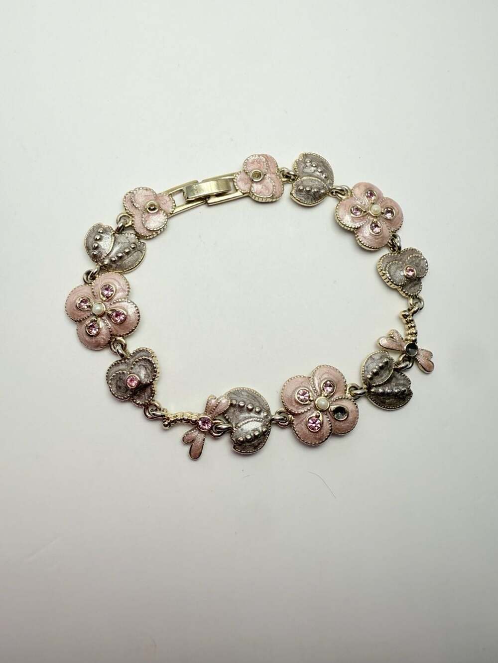 Monet Flower Butterfly Charm Bracelet Pink Enamel Rhinestone Silver Tone